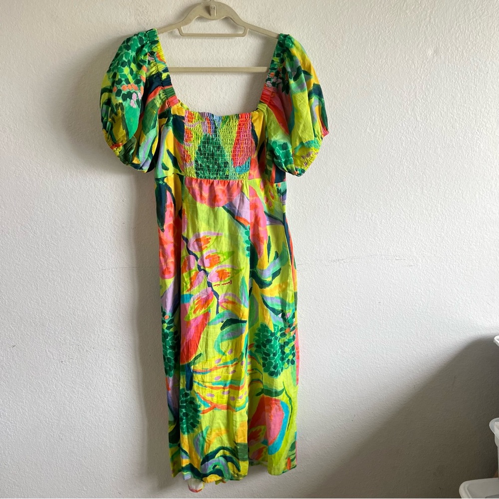 Anthropologie Farm Rio Midi Dress Puff Sleeves Green, Yellow, and Pink NWT - Picture 5 of 12